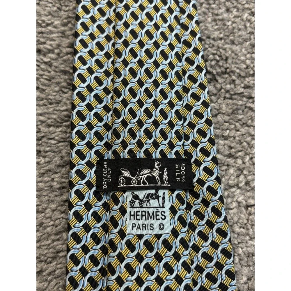 Hermes Silk Tie Yellow Blue‎ Geometric Pattern 7760